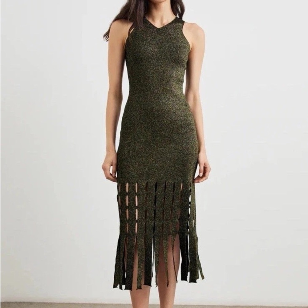 Rails NWT Kaia Gold Lurex Women's Woven Bodycon Maxi Dress with Fringe Size Med